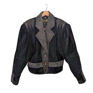 Vintage 80s Suede Bolero Jacket Women's Small Black Paisley Trim‎ Cropped Moto